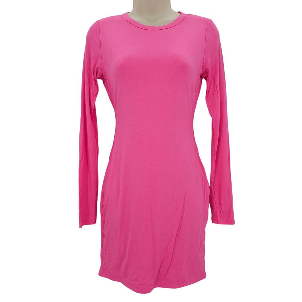 Naked Wardrobe Womans size L long Sleeve Crewneck Modal Pink Mini Dress NWOT